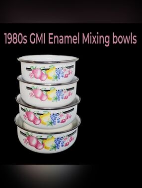 1980s Gmi Brand White Enamel 4 Mixing Bowls Fruit Motif